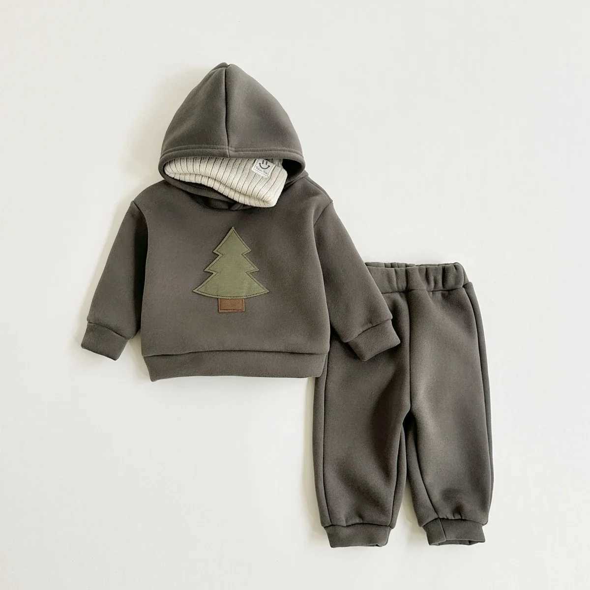 Winter baby clothing set hooded track set Christmas tree boy childrens clothing girl thick plush winter warm cotton jacket set W241213