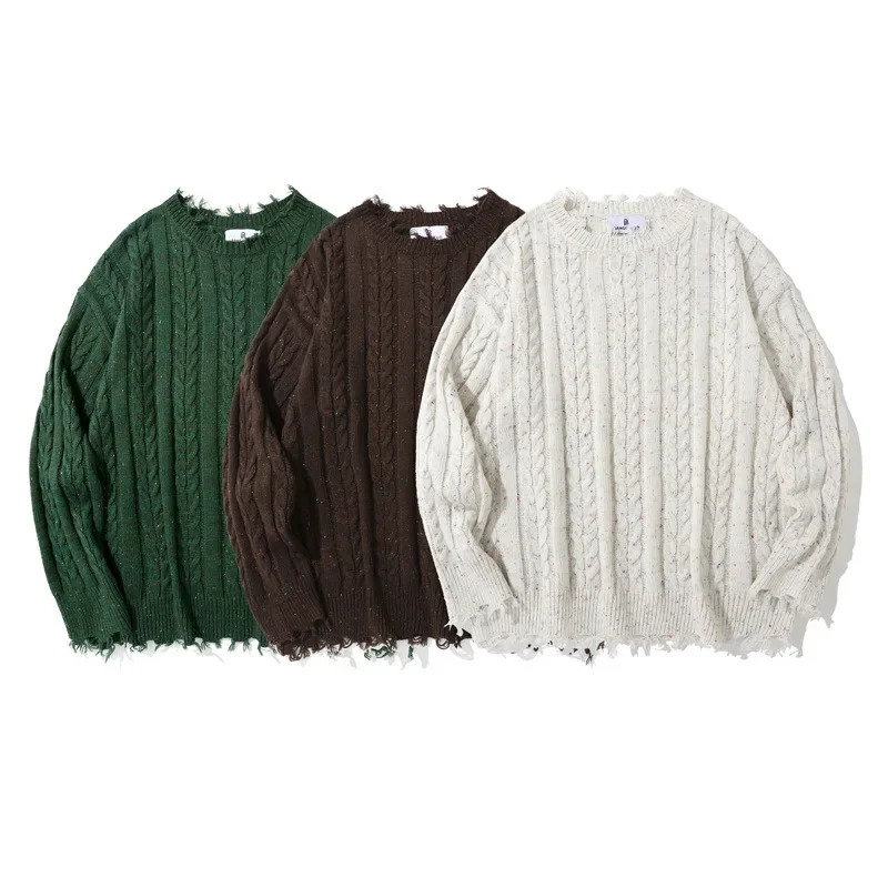 Trendy Vintage LooseFit Fringe Sweater Mens Casual Crew Neck Knitted Top Street Style Couple Cable Knit 241213