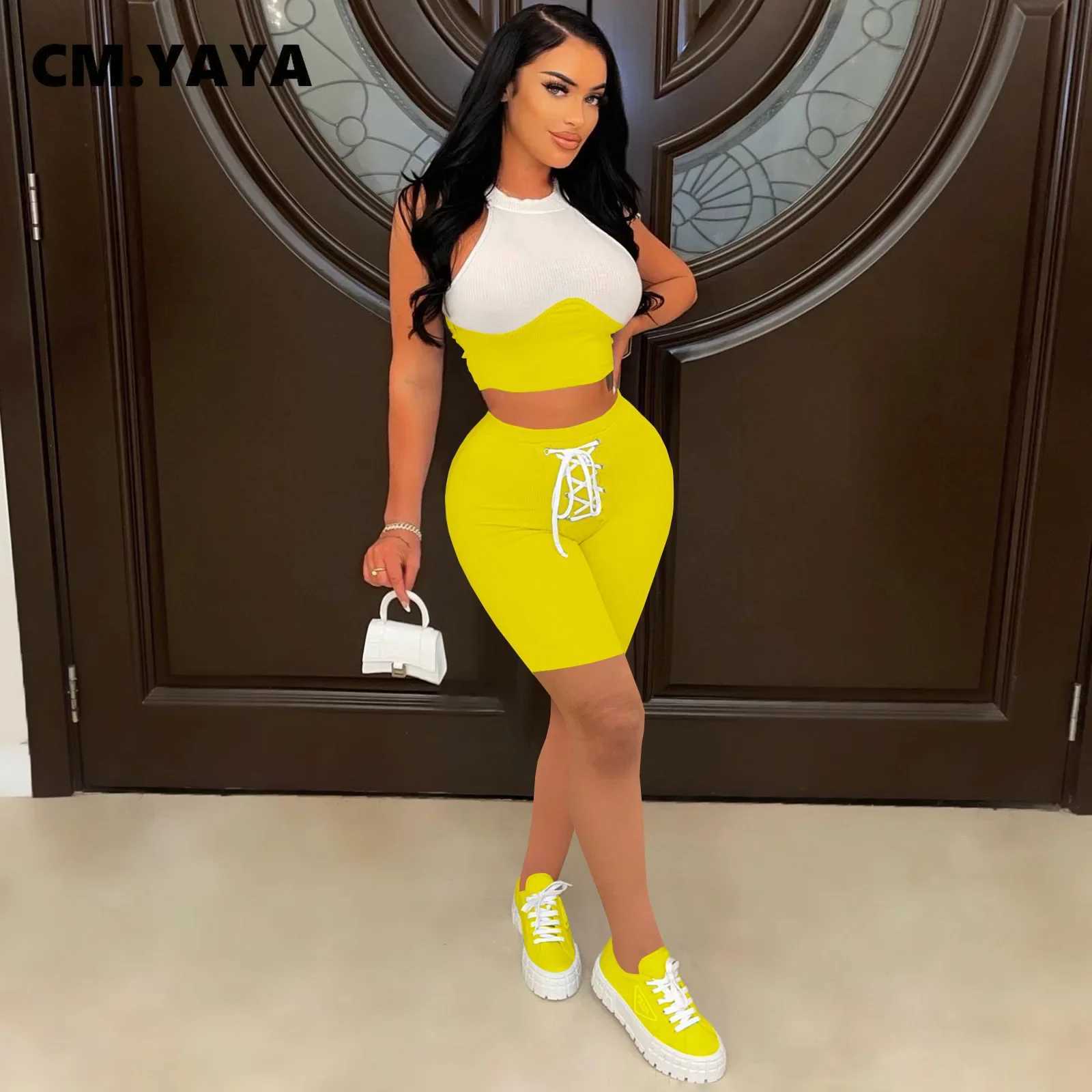 Women's Two Piece Pants CM.YAYA Elegant Knit Womens Set Patchwork Tank Top and Lace Up Shorts Tracksuit Two 2 Piece Set Fitness Outfit 2022 Sweat