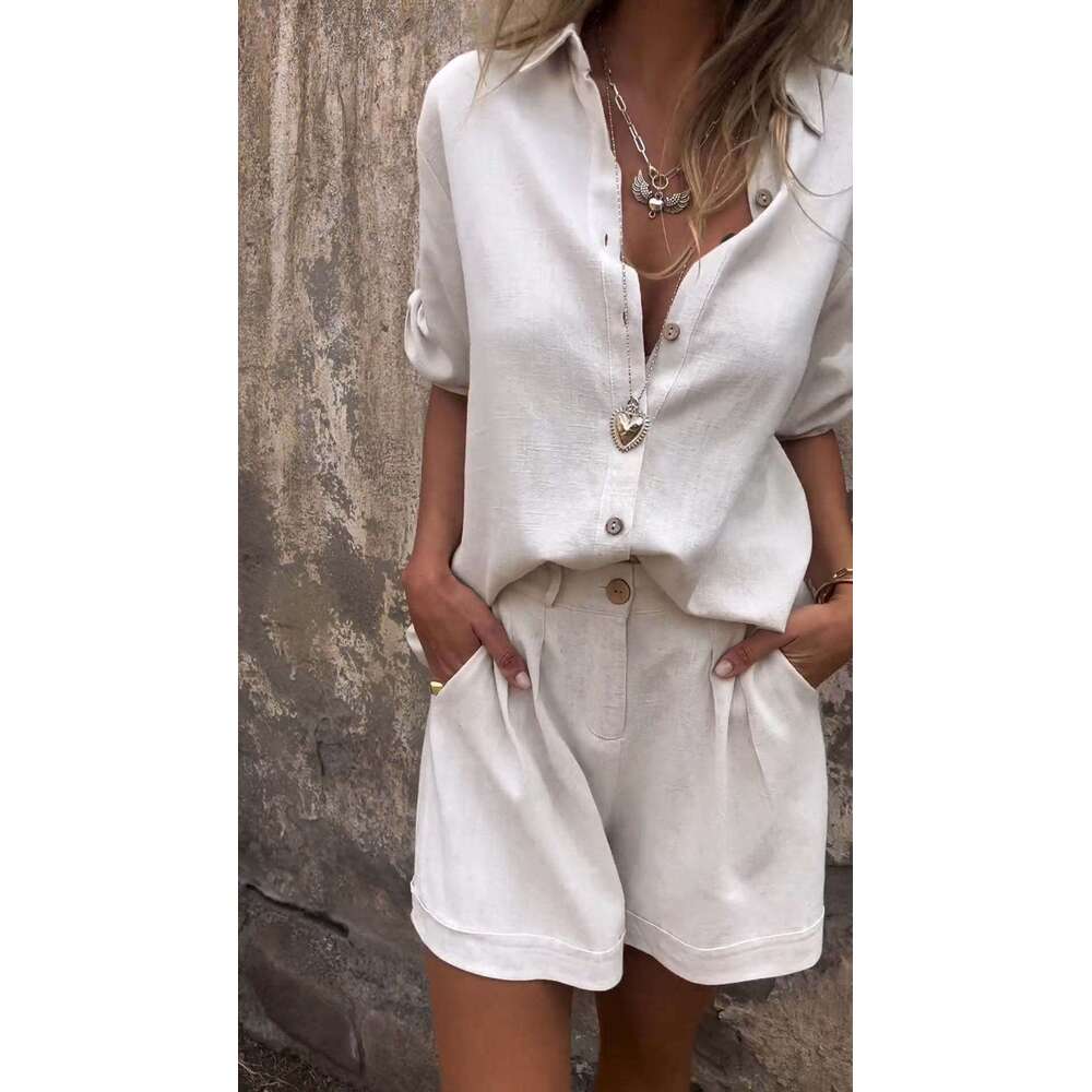 European And American New Casual Fashion Solid Color Short Sleeved Lapel Multi Button Top Slim Fit Shorts Two-Piece Set Fashionable Quality Classic