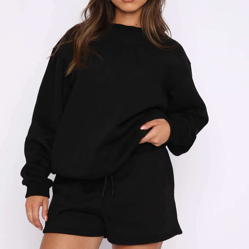 Spring Autumn Foreign Trade Women's New Style Solid Color Loose Versatile Casual Round Neck Hoodie Shorts Set Trendy Clothing Fashion And Leisure