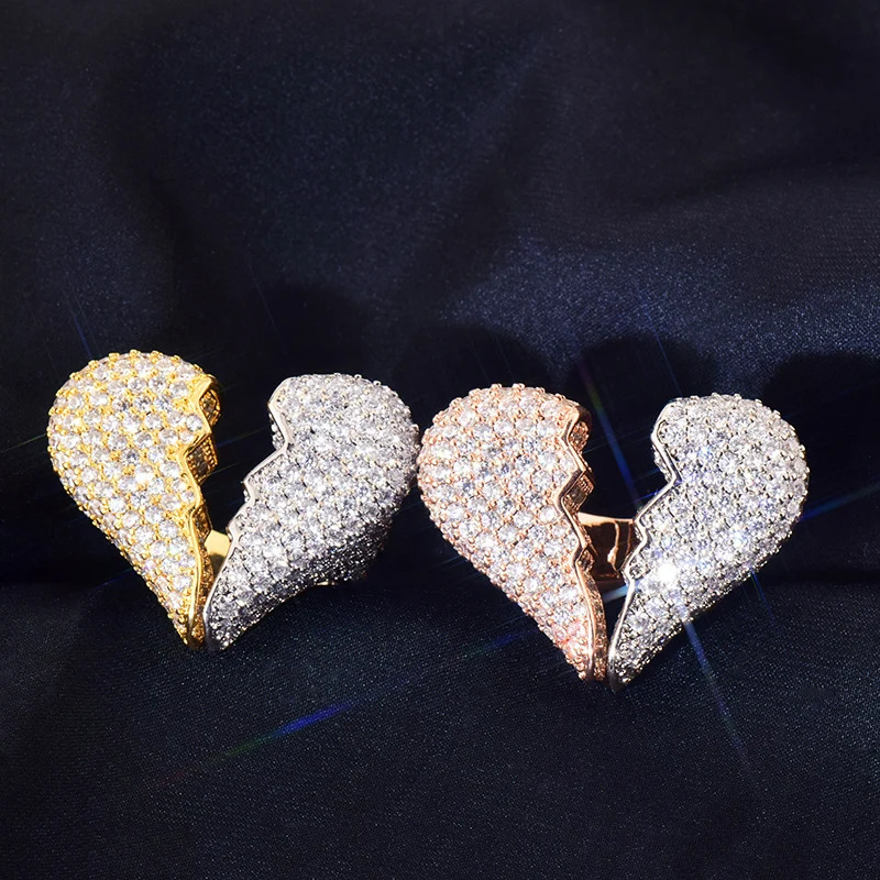 Hip Hop Rapper 5A CZ Stone Paved Bling Ice Out Broken Heart Rings for Men Women Unisex Lover Jewelry Gold Silver Color 241213
