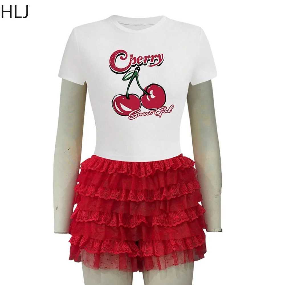 Women's Two Piece Pants HLJ Swt Cherry Printing Y2K 3 Piece Sets Women O Neck Short Slve Crop Top And Lace Ruched Shorts Outfits Fashion Strtwear
