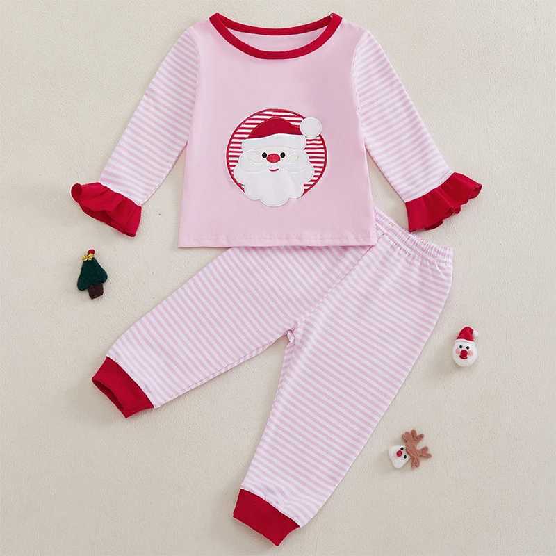 2-piece holiday long sleeved Santa Claus T-shirt for toddlers and girls paired with striped pants to celebrate Christmas W241213