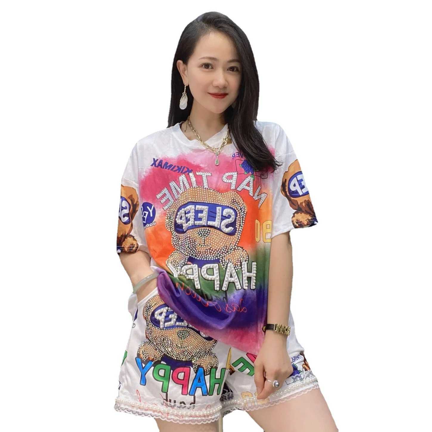 Women's Two Piece Pants 2024 Spring Two Piece Sets Womens Beading and Diamonds Tracksuit Cartoon Printed Casual Knitting Tops and Shorts Ladies S