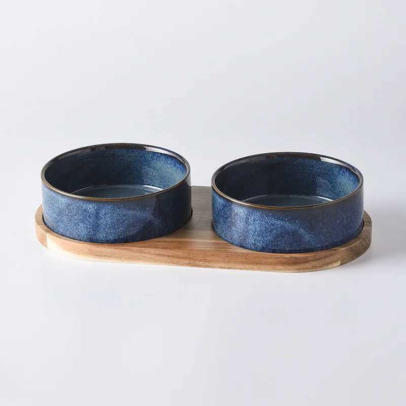 Cat Feeders Dog Bowl Ceramic Matte Pet Bowl Cervical Spine Protector Anti Knock Over Wooden Tray Pet Feeding Supplies Cat Accessories z241213