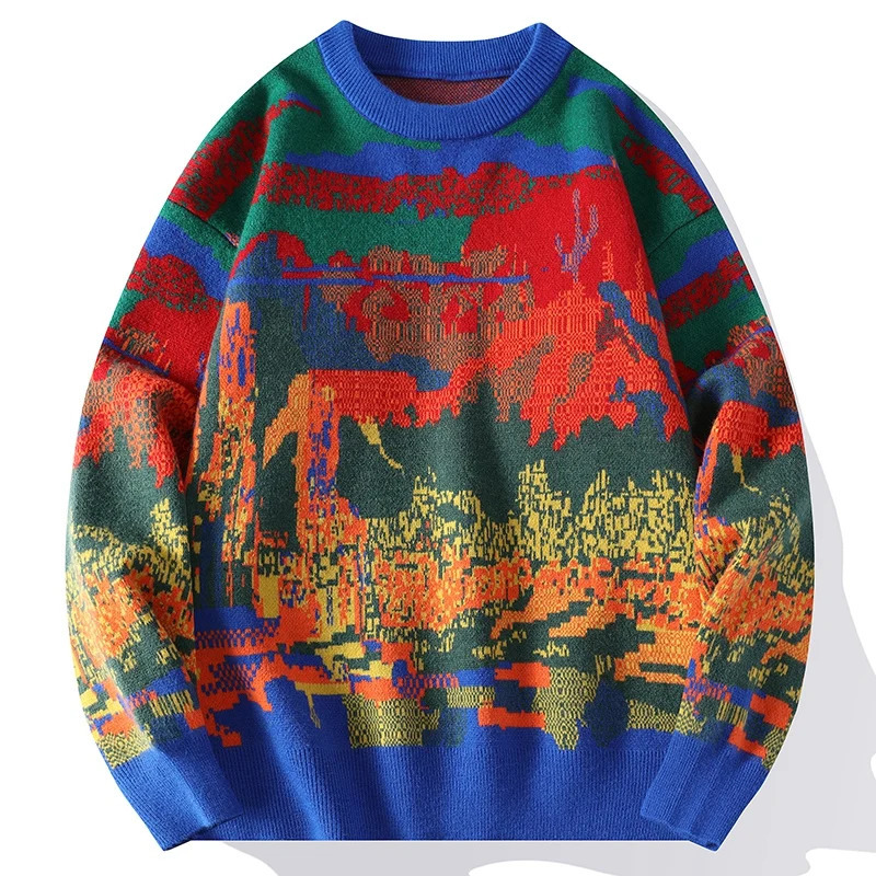 Winter Knitted Sweater Men Women Print Graffiti Knitwear Japanese Crewneck Jumper Couple Pullover Male Youth Geometirc 241213