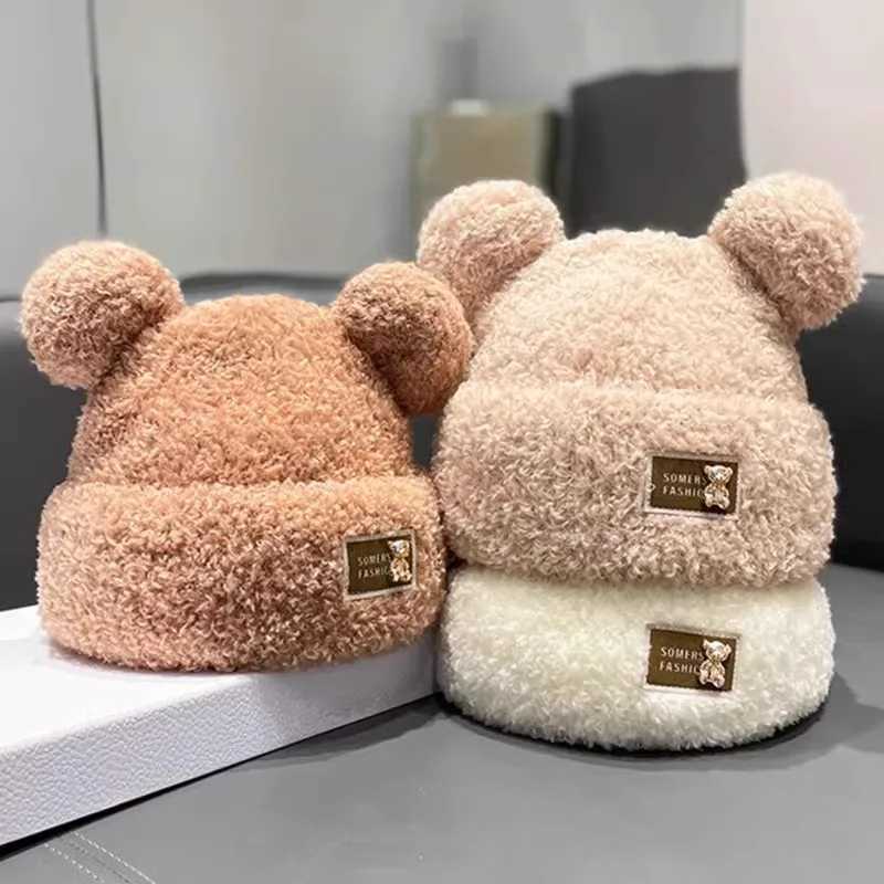 Cute Winter Plush Beanie Cap for Women Bear Ear Knitted Wool Hat Female Girls Solid Color Thicken Lamb Fleece HatsXJ241213