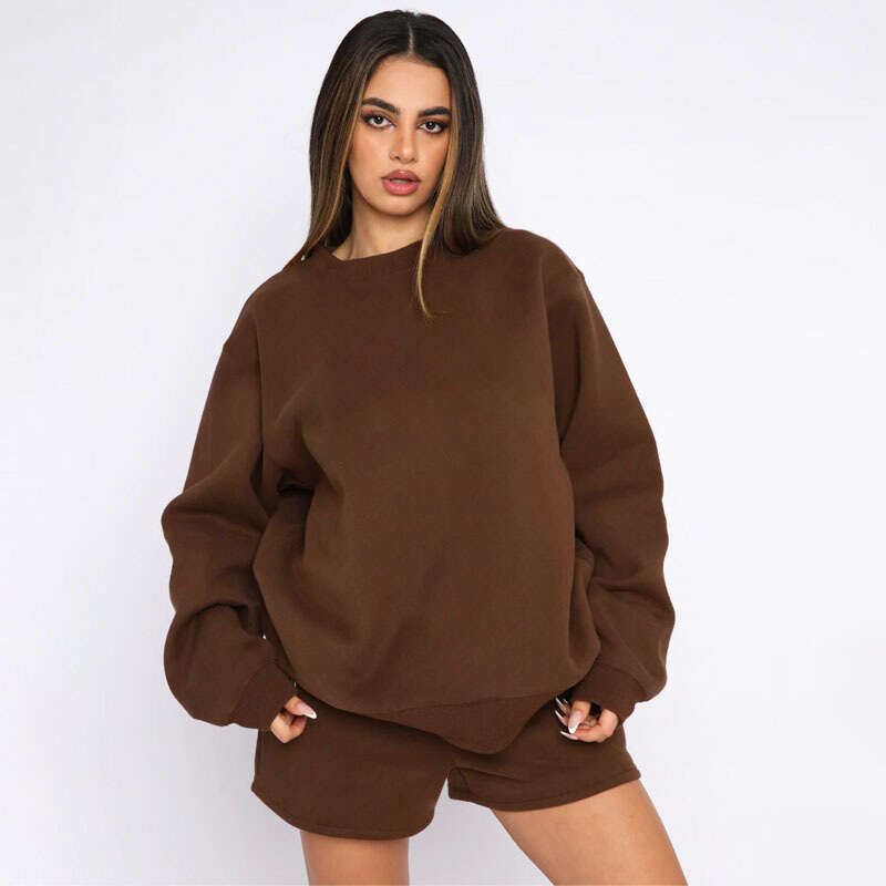 European American Spring And Autumn Solid Color Round Neck Pullover Long Sleeved Hoodie Women's Shorts Set Trendy Clothing Fashion Casual Tempera