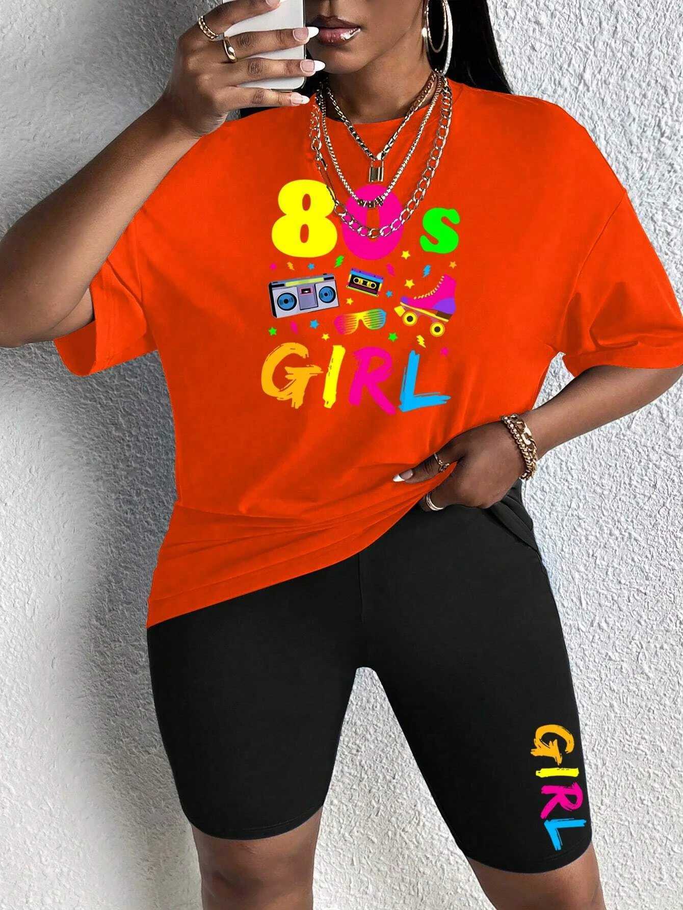 Women's Two Piece Pants 80 S Girl Colorful Printing Women T Shirts Two Piece Set Fashion Casual Short Sets Comfortable Breathable Shirt Shorts Fe