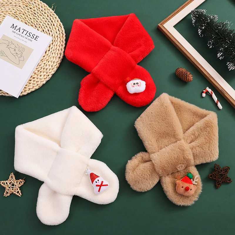 Scarves Wraps Children Christmas Scarf Cartoon Xams Doll Kids Cross Neckerchief Winter Warm Plush Scarves Fluffy Fur Neck Covers 1-13Year Baby H241213