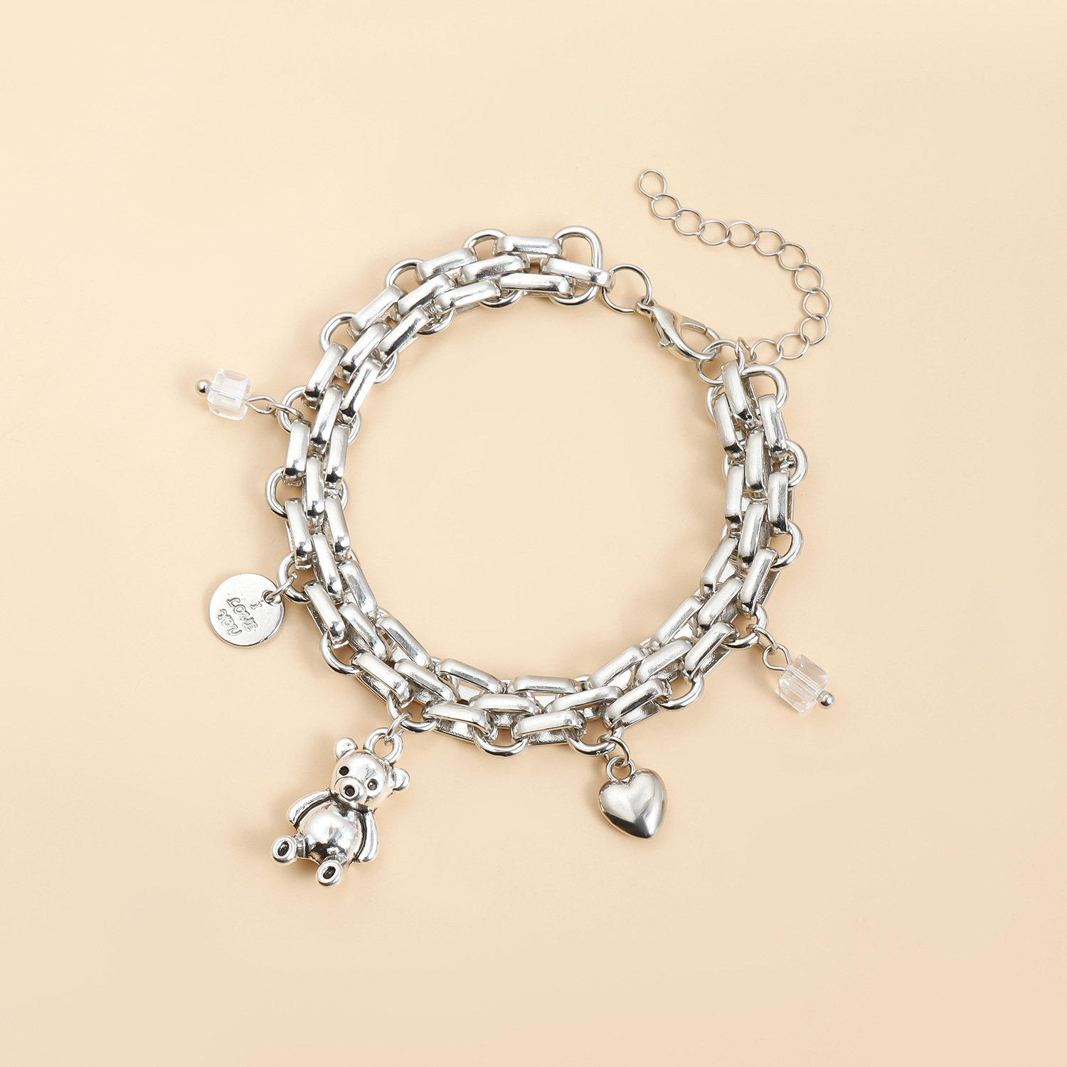 Chic Metallic Feel Love Bear Element Collar Necklace Minimalist Jewelry Set Stainless Steel Silver Plated Pendant Choker Necklace And Bracelet Gifts