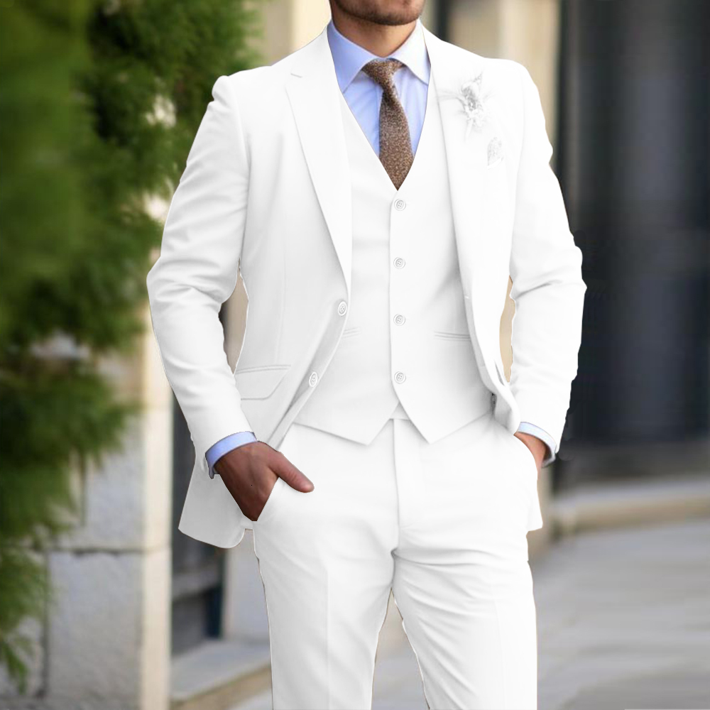 Beige Suit 3 Pieces Fashion Slim Fit Blazer Vest Pants Set Classic Formal Business Wedding Tuxedos For Men Casual Clothing
