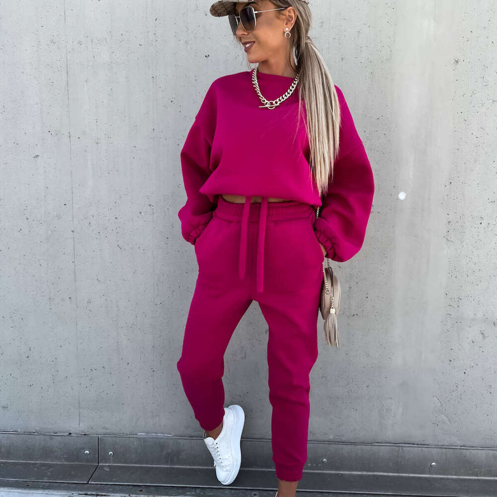 European American Foreign Trade Autumn And Winter New Solid Color Hoodie Two-Piece Set Trendy Clothing Fashion Casual Temperament