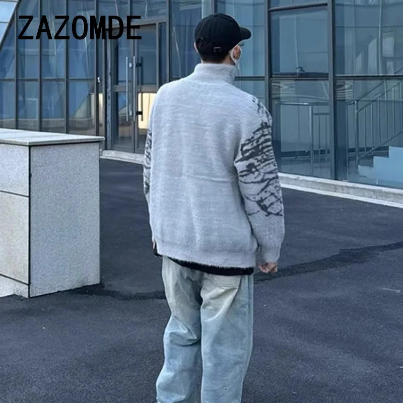 ZAZOMDE Winter Vintage Butterfly Graphic Zip Up Cardigan Man Y2k Streetwear Oversized Knitted Sweater Jacket Long Sleeve Tops 241213