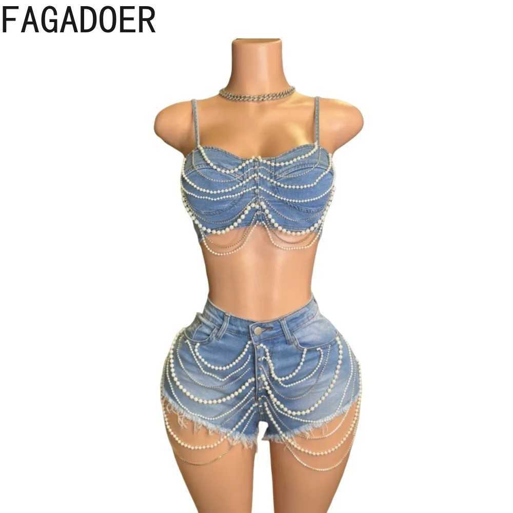 Women's Two Piece Pants FAGADOER Sexy Denim Two Piece Set for Women Spaghetti Strap Pearls Patchwork Crop Top + Shorts Suit Hot Girl Y2k Strtwear