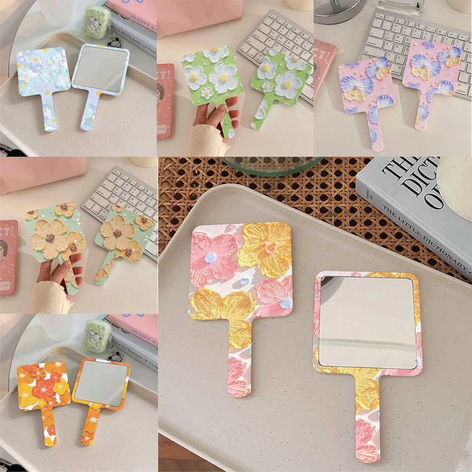 1Pcs Pink Flower Square Hand-Held Make-Up Mirror For Woman Girs Portable Handle Cosmetic Mirror Small Makeup ToolsXJ241213