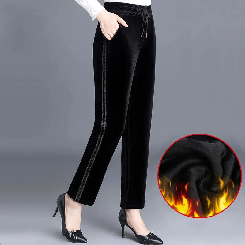 Winter womens gold velvet pants casual loose straight pants womens autumn elastic waist Trousers 5XL black W24 241205