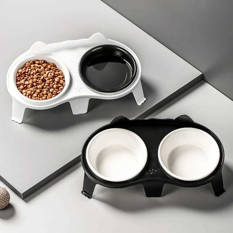 Cat Feeders Cat Double Ceramic Bowl with Plastic Stand Pet Elevated Raised Food Water Bowls Small Dogs Drinking Eating Feeding Supplies z241213