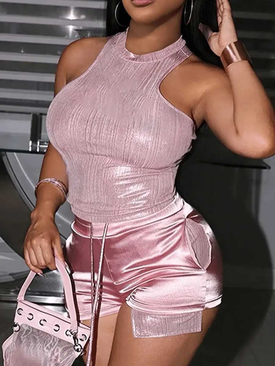 Women's Two Piece Pants LW Plain Two Pieces Shorts Suits Sequined 2pcs Womens Solid Matching Outfits Sexy Tank Top Drawstring Skinny Shorts Set Y