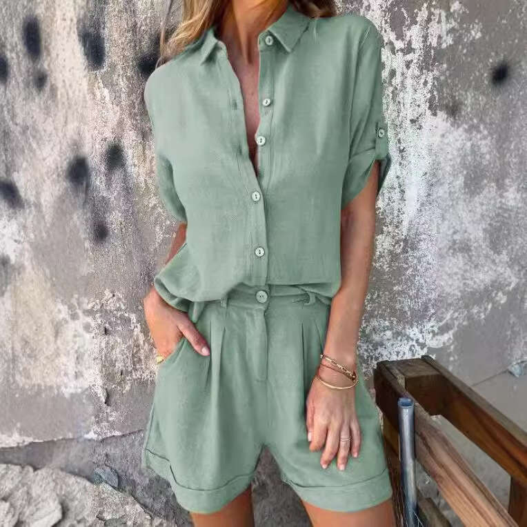 European And American New Casual Fashion Solid Color Short Sleeved Lapel Multi Button Top Slim Fit Shorts Two-Piece Set Fashionable Quality Classic