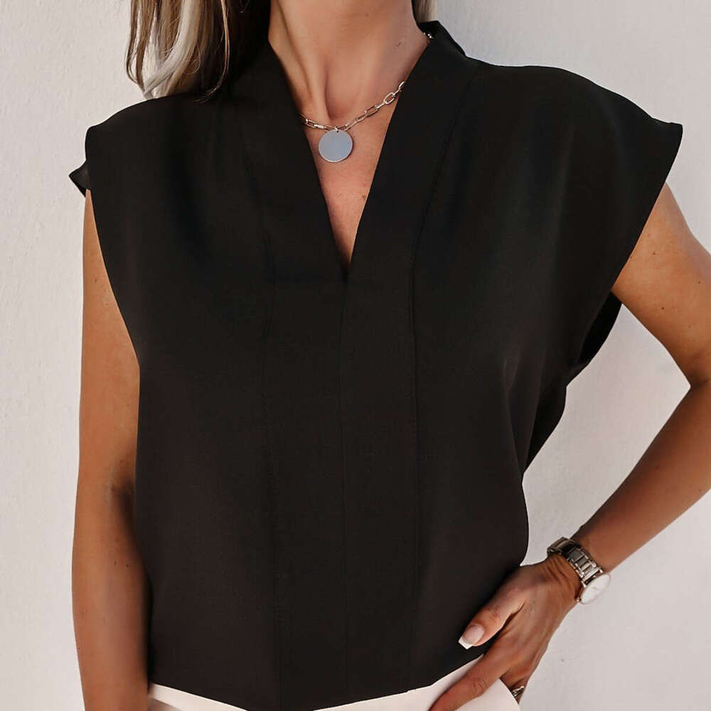 Spring Summer New European American Solid Color V-Neck Short Sleeved T-Shirt Top, Foreign Trade Women's Fashion Trend Clothing, Fashionable And C