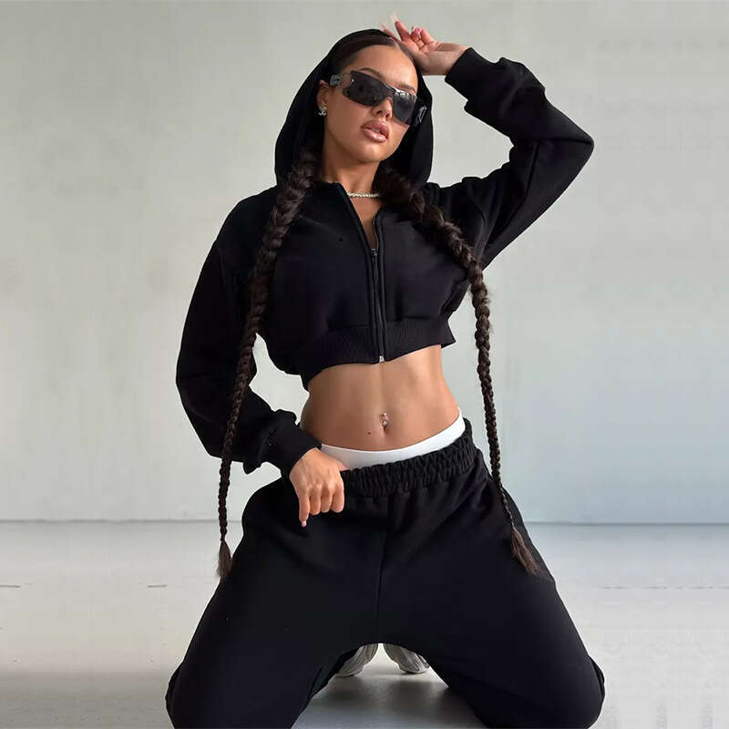 Sexy European American Suit, Long Sleeved Hooded Shorts With Exposed Waist, Cardigan, Sports Pants, Trendy Clothing, Fashionable And Casual Temperamen