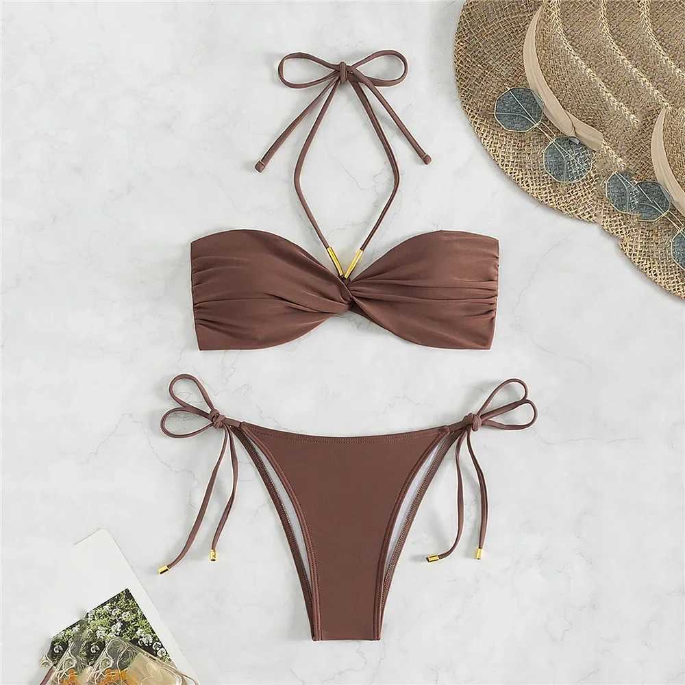 brown Swimwear string halter bandeau Bikinis sets Micro Thong sexy Swimsuit women knotted Bathing Suit Bikini mujer 2025XJ241212