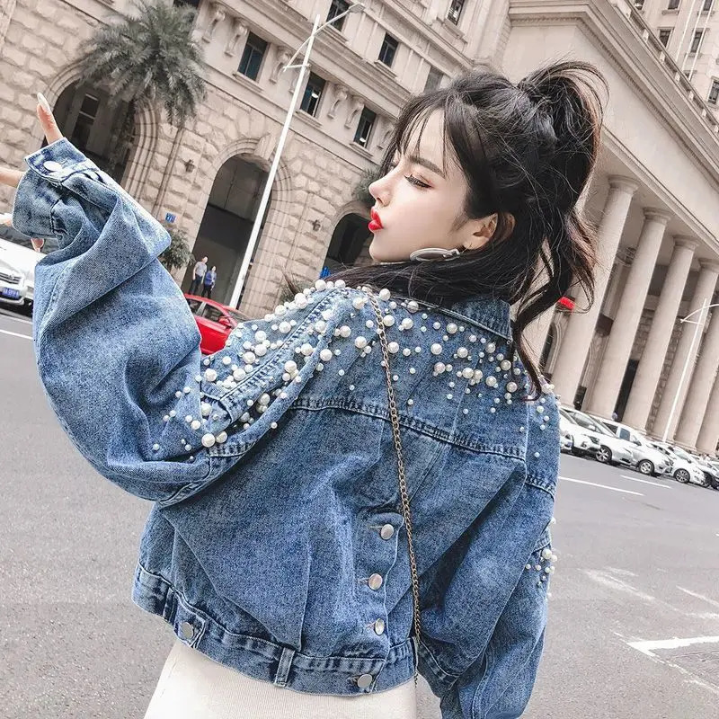 Retro denim jacket womens clothing autumn Korean fashion version polo neck short beads loose casual top 241211