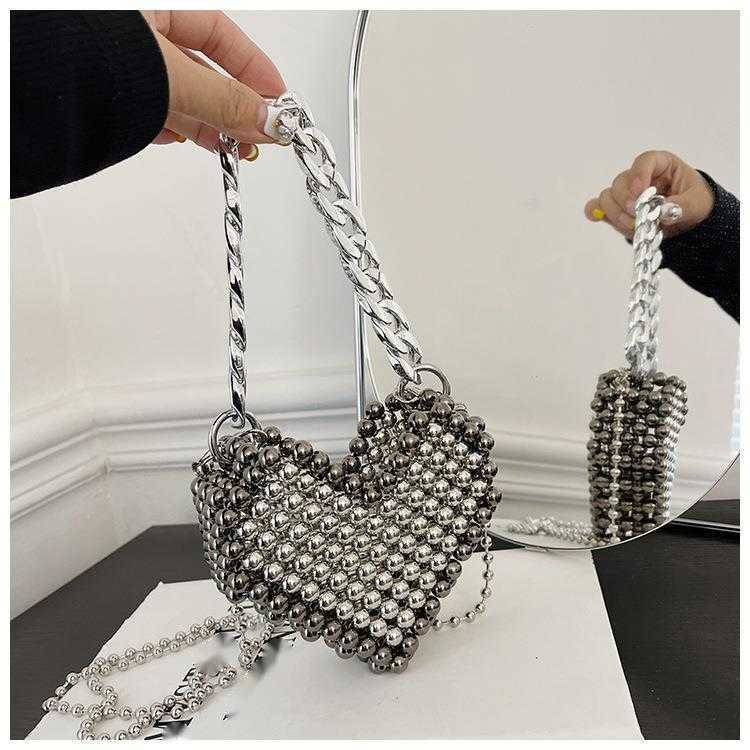 Mini Womens Beaded Love Handbag Summer New Banquet Bag Chain Cross Shoulder Bag