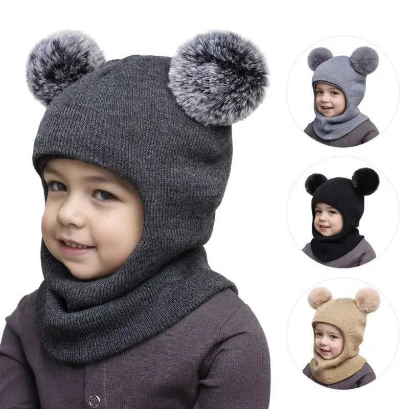 New Cute Balaclava Hats Children Double Balls One-piece Hat Scarf Boys Girls Autumn Winter Pompom Ball Wool Cap Gorros InviernoXJ241213