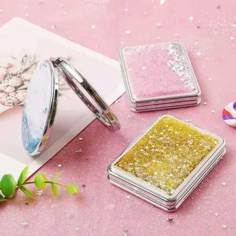 Portable Double-Sided Folding Makeup Mirror Women Gifts with Flowing Sparkling Sand Mini Cosmetic Mirror Compact Pocket MirrorsXJ241213