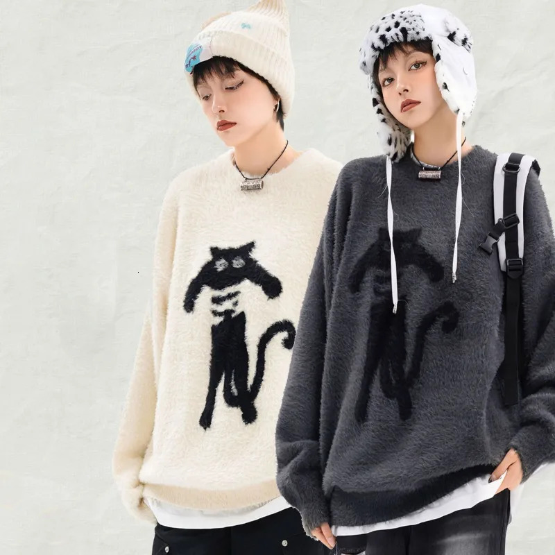 Cartoon Knitting Sweater Men Women Loose Knitted Jumpers Autumn Streetwear Haruku Cat Pattern College Knit Pullovers Couple