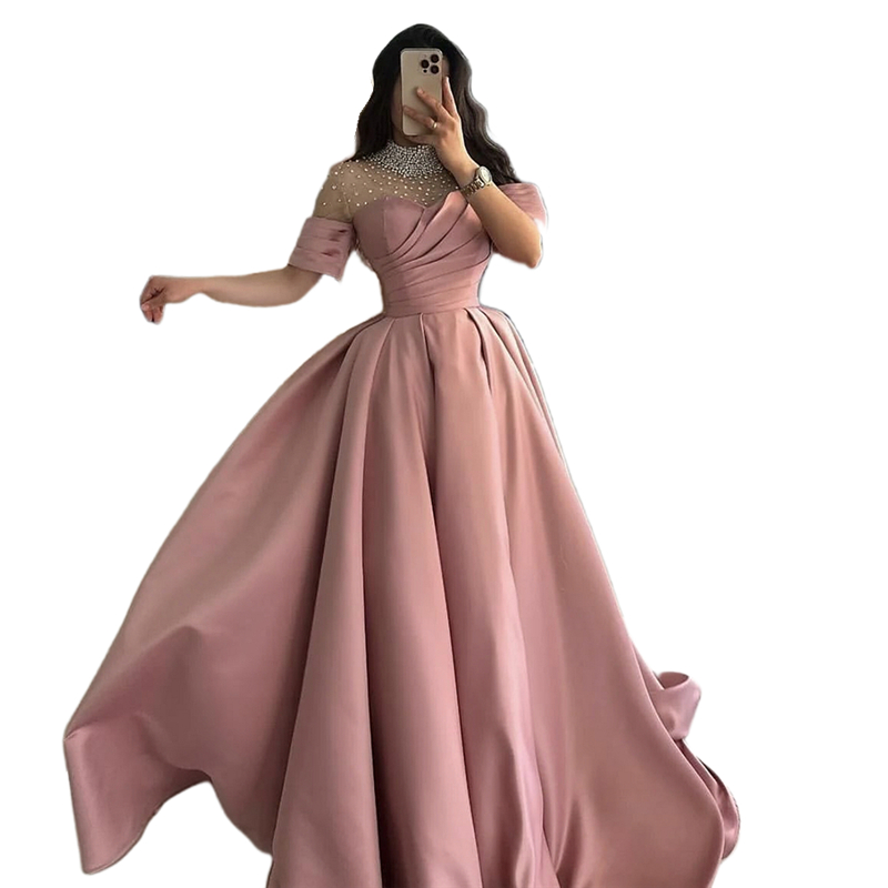 Elegant Pink Prom Dresses With Crystals Beaded High Neck Short Sleeves A-Line Satin Evening Dress For Women Celebrity Party Gown