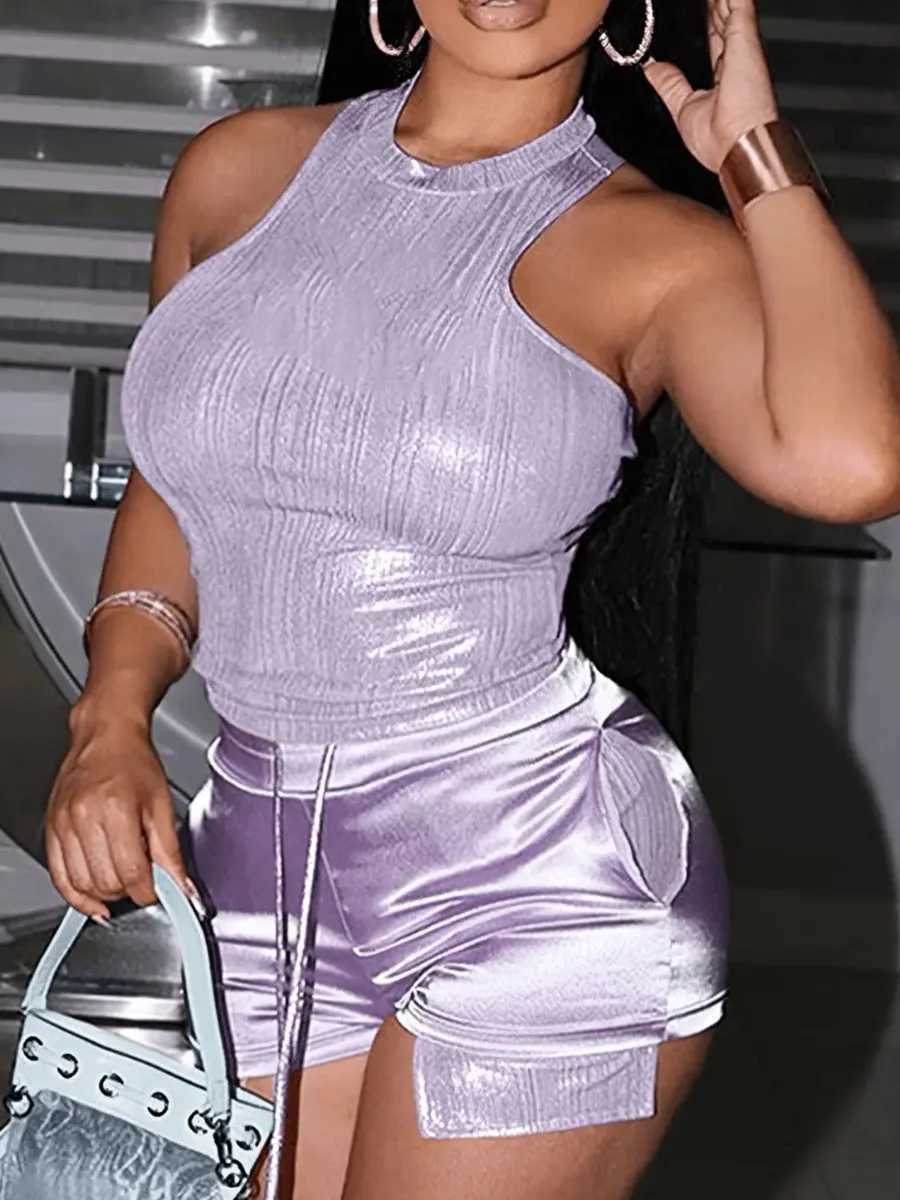 Women's Two Piece Pants LW Plain Two Pieces Shorts Suits Sequined 2pcs Womens Solid Matching Outfits Sexy Tank Top Drawstring Skinny Shorts Set Y
