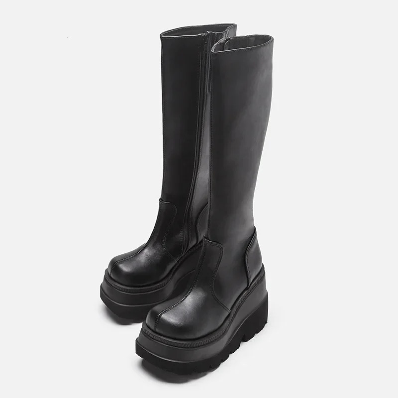 Fashion wedge heel mid tube boots for women Gothic thick soled motorcycle riding boots ultra-thin high platform denim boots 241213