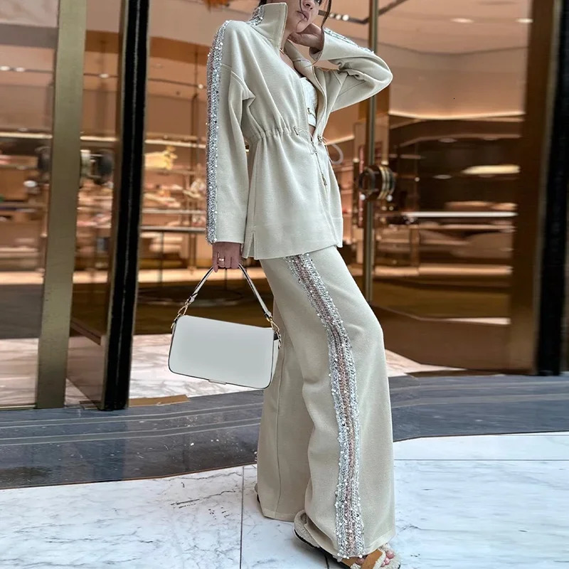 Vintage Sequin Solid Color Long Sleeved Drawstring Top Wide Leg Pants suit 2025 Elegant Shiny Lady Chic Office Autumn set 241203