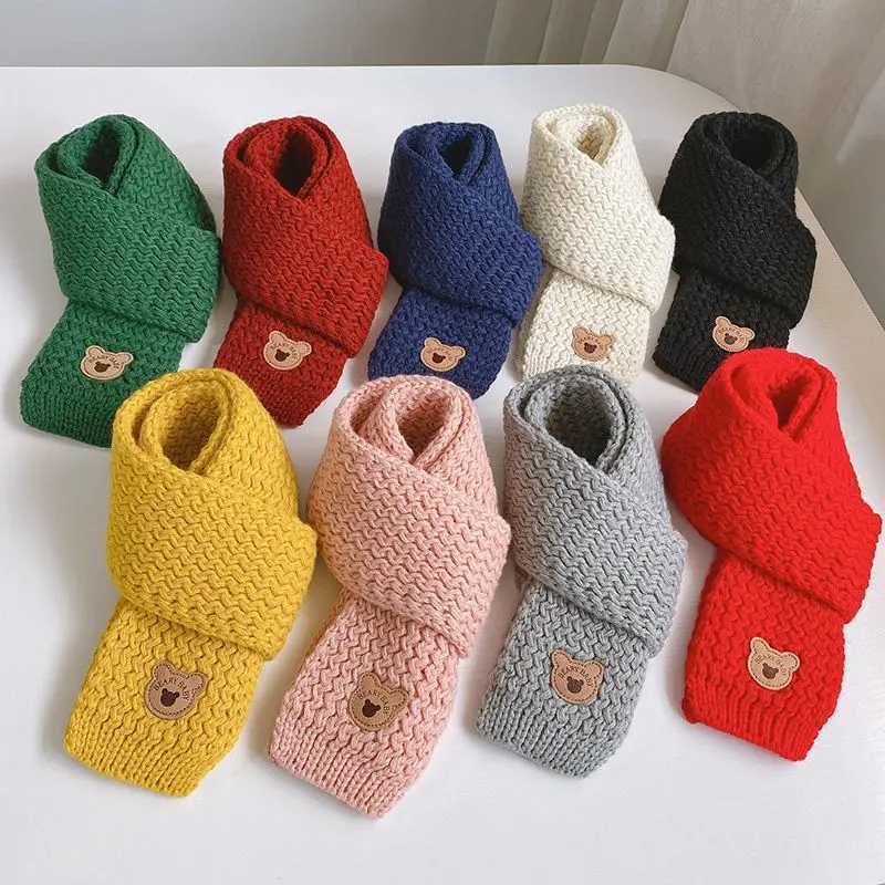 Scarves Wraps Winter Knitted Wool Scarf for Baby Cute Cartoon Bear Infant Short Scarves Korean Warm Solid Color Kids Boys Girls Neckerchief H241213