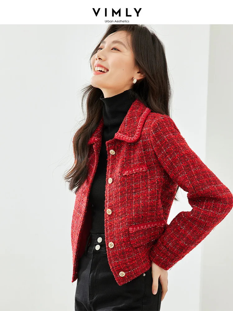 Vimly Winter Red Tweed jacket is suitable for womens office and womens workwear business jacket long sleeved lapel straight short jacket M3309 241205