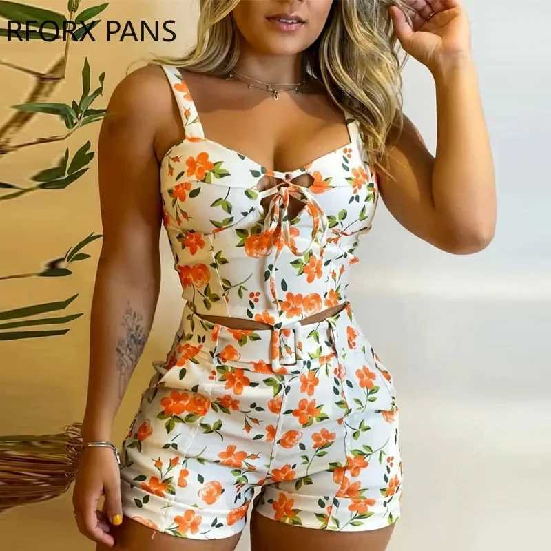 Women's Two Piece Pants Women Chic Spaghetti Straps Cami Button Crop Disty Floral Pattern Mini Sexy Sashes Zipper Short Sets Y241213P3W3