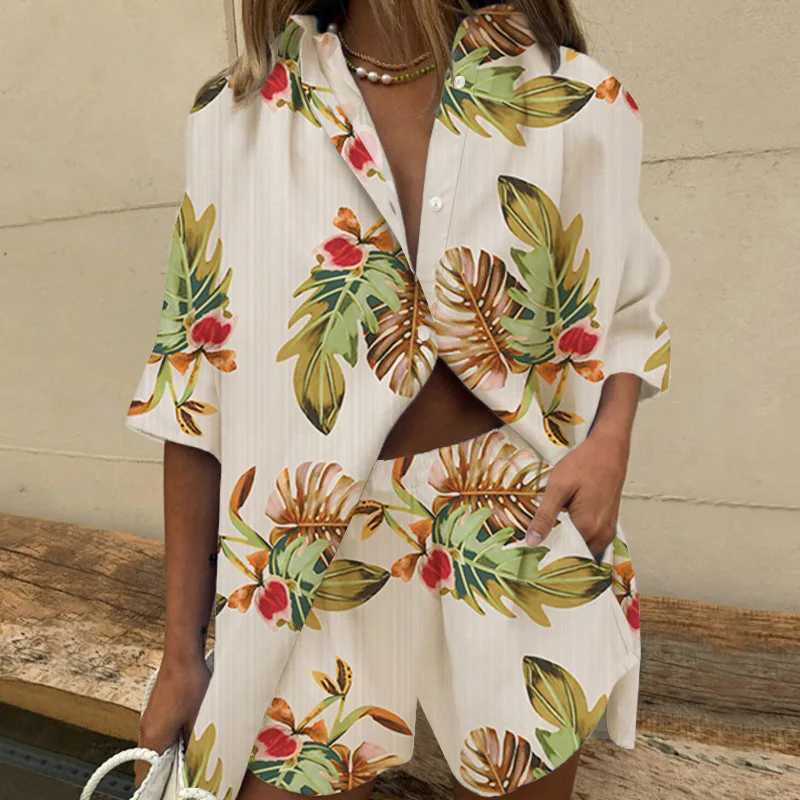 Women's Two Piece Pants Women Two Piece Set Casual Bohemian Beach Vacation Shirts Short 2 Piece Sets For Womens Summer Loose Print Suit Outfites 