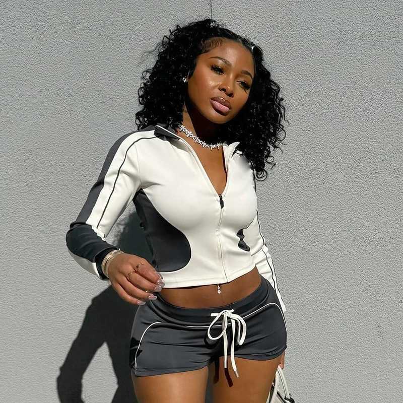Women's Two Piece Pants CUTENOVA 2024 Autumn Stand Collar Slim Fitness Thin Crop Tops +Drawstring Shorts Two Pieces Set Racing Jacket Suit Women 