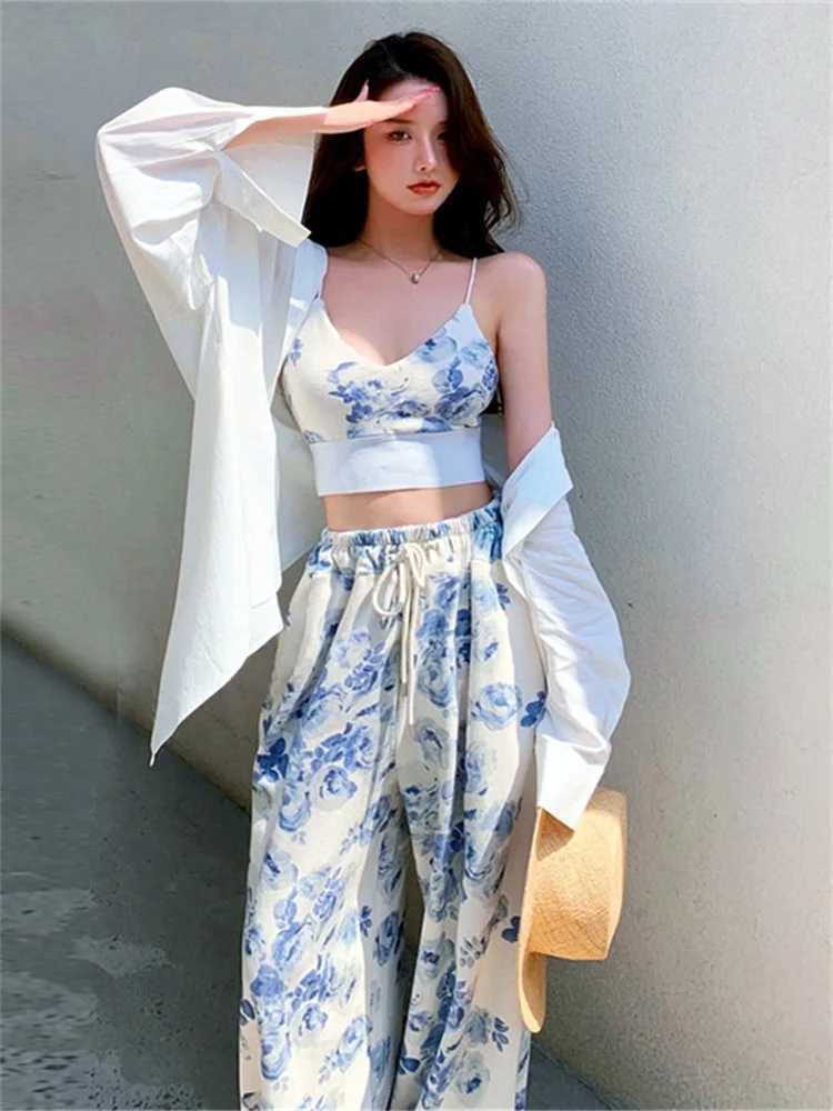 Women's Two Piece Pants Women Floral 2 Piece Pant Sets Slveless Camisole Tops + Elastic Waist Loose Long Pants Outfits Summer Casual Strtwear Y24