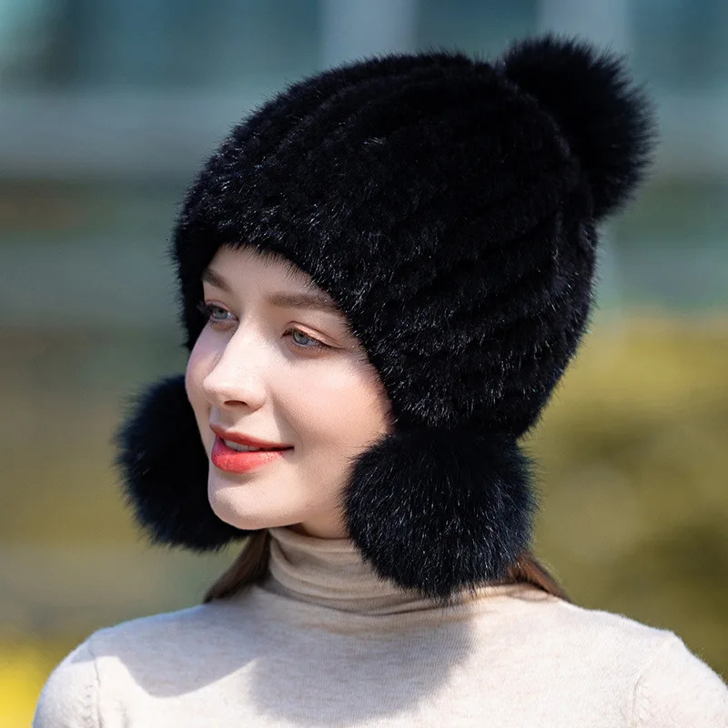 Winter selling womens real mink fur hat knitted mink ear warm hat spiral bean hat with fox fur fluffy top 241205