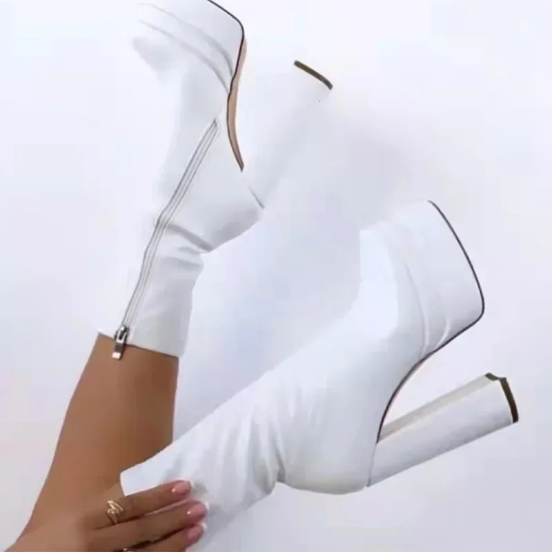 Winter thick high heels toenail shoes womens punk style zipper thick platform elastic ultra-fine fiber boots Botines Mujer 204 241213