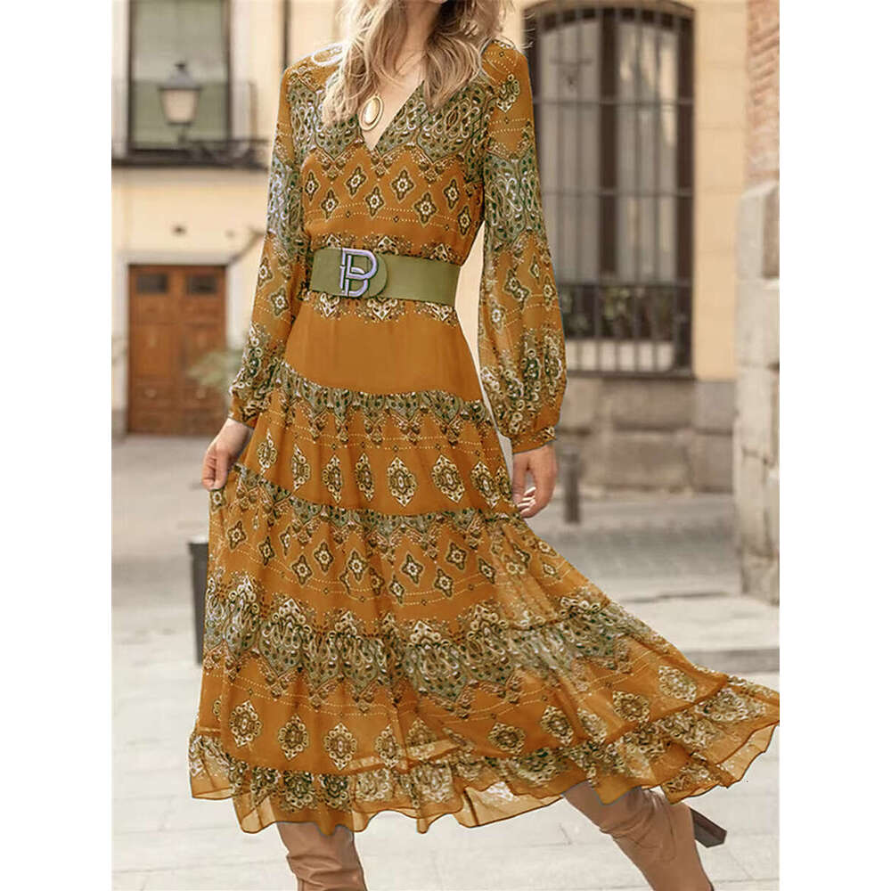 European And American Sleeved V-Neck Waist Cinching Slimming A-E Baroque Printed Dress Elegant Large Swing Long Skirt With Belt Fashionable Quality Cl