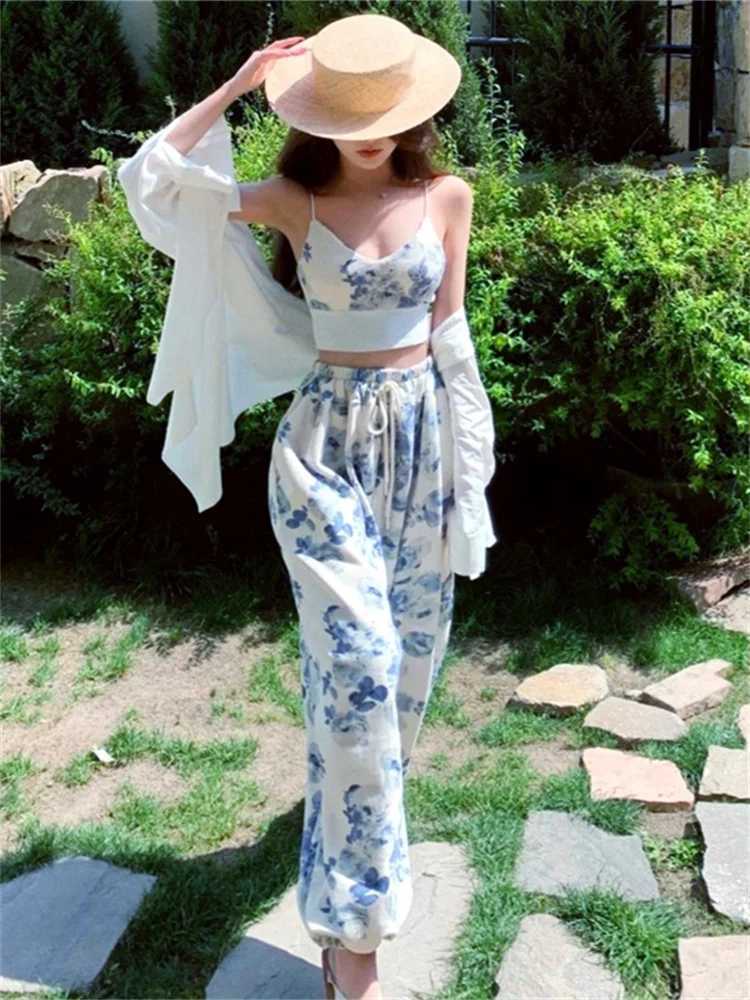 Women's Two Piece Pants Women Floral 2 Piece Pant Sets Slveless Camisole Tops + Elastic Waist Loose Long Pants Outfits Summer Casual Strtwear Y24