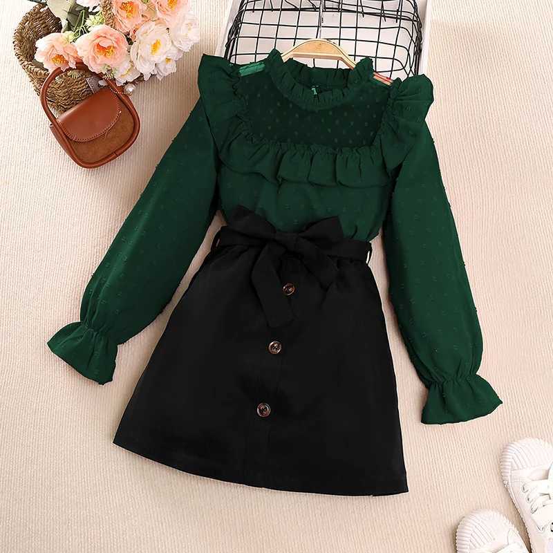 Girls Spring Autumn Suit Solid Color Long Sleeve Lace Hollowed Out Pleated Top And Belt Button Decorated Short Skirt Casual Set W241213