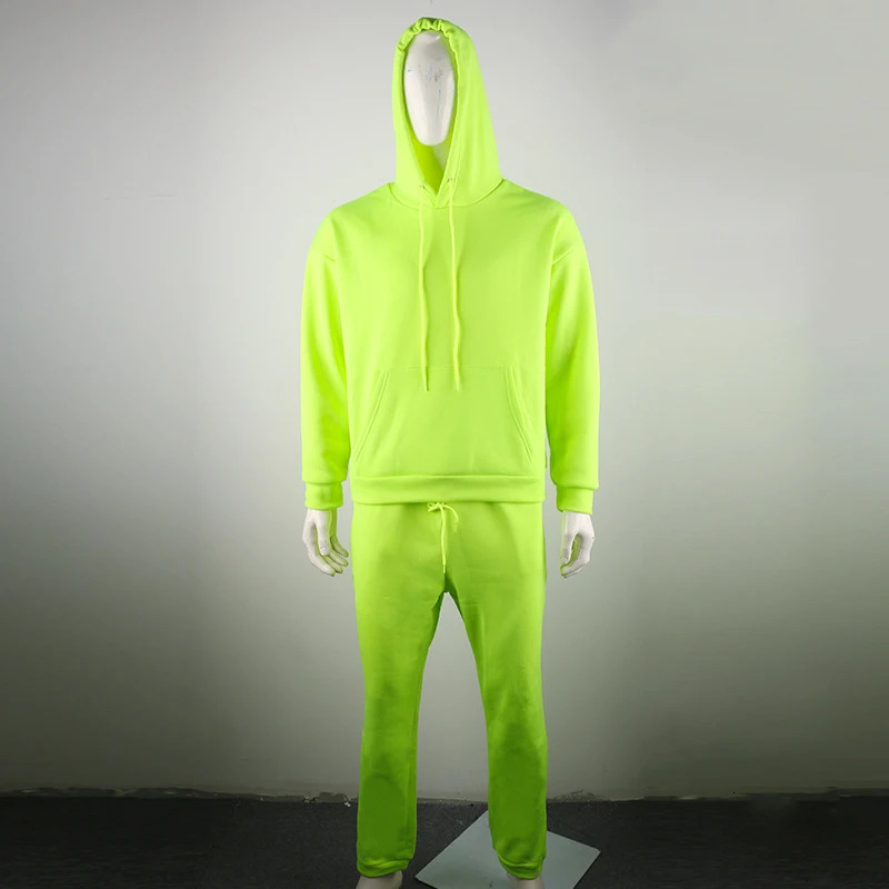 Neon Green Style Mens Fashion Track and Field Wear Solid 2piece Long Sleeve HoodieLoose Sweater Casual Sportswear 2024 Latest OMSJ 241211