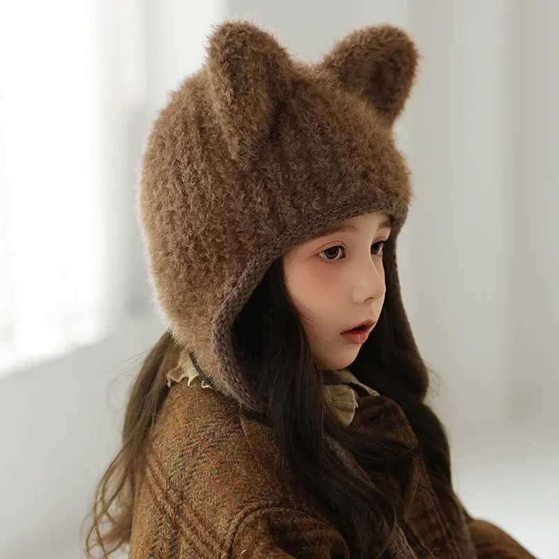 Knitted Hat Winter Children Ear Protection Beanie Cap Cute Cat Ear Hat Wool Plush Cold-proof Warm Boy Girl Bucket Hat BonnetsXJ241213